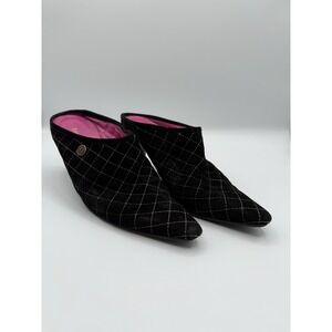 Eric Javits Quilted Black Suede Pointed-Toe Mules Heels Size 7.5